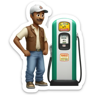 Middle aged man with ballcap standing next to vintage gas pump sticker