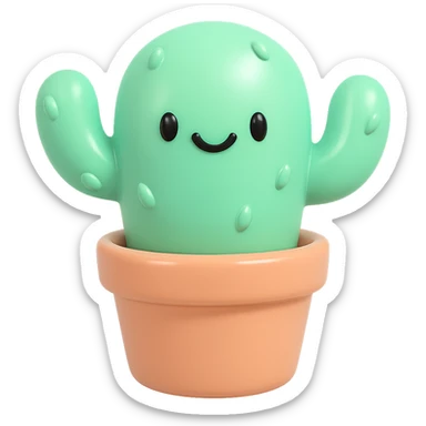 smiling cactus in a pot, vinyl figure style, exaggerated features, shiny finish, simple background sticker