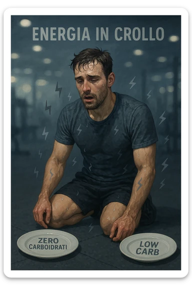 Uomo sportivo sui 30 anni in palestra, inginocchiato, esausto, con il volto sudato e un’espressione di forte stanchezza. Le luci della palestra sembrano sfocate, a simboleggiare confusione mentale. Accanto a lui, piatti vuoti con scritte tipo 'zero carboidrati', 'low carb'. I muscoli appaiono sgonfi e senza tono, mentre piccoli simboli di energia (come fulmini grigi spenti) si allontanano dal suo corpo. In alto, la scritta 'Energia in crollo'. Atmosfera spenta, colori freddi, sensazione di vuoto e affaticamento. in italiano sticker
