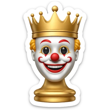3D chess king piece with a clown head, gold king piece, clown head all white sticker