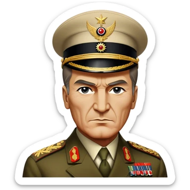 Cinematic Realistic Mustafa Kemal Atatürk Portrait Emoji, depicted as a visionary statesman with a determined gaze and period military attire, rendered with rich textures and dynamic historical lighting that captures his transformative leadership. sticker