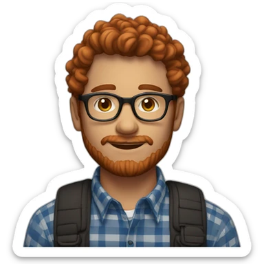 man,25 years,eyes blue, redhead,short curly hair,beard, round glasses, red and black checked shirt sticker