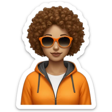 generate a brown curly hair woman with black sunglasses, she wear a orange tracksuit  sticker