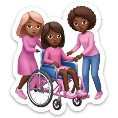 One dark skinned sister and one tan skinned sister pushing her light brown sister in a pink wheelchair sticker