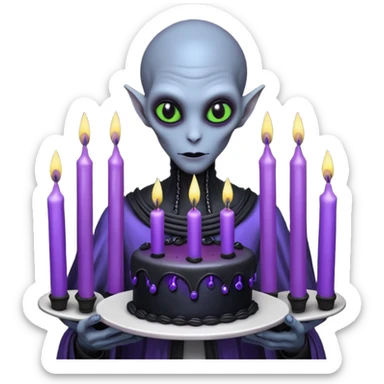 A tall mysterious alien holding a gothic black birthday cake with glowing purple candles, dark foggy alien planet, bioluminescent plants, dramatic shadows, dark fantasy sci-fi art, hyper detailed, moody lighting

 sticker