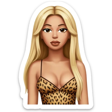 Beyoncé with very long straight blond hair and spaghetti strap leopard dress, mouth shut, eyes rolled up and left sticker