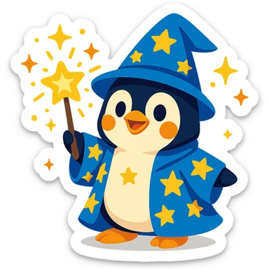 cute penguin wizard with a starry robe and a glowing wand, magical sparkles around sticker