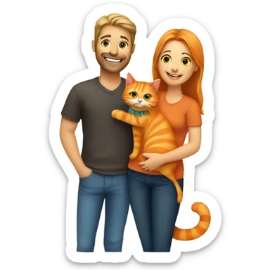 a happy woman and a man are friends and holding a orange cat sticker