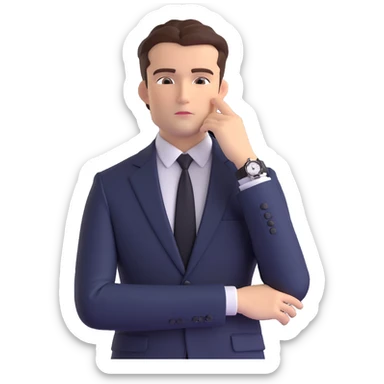 emoji-style illustration of a businessman from the waist up, wearing a suit, hand under chin, gazing to the side with thoughtful expression, luxury watch subtly shown on wrist, curious and contemplative mood, clean background sticker