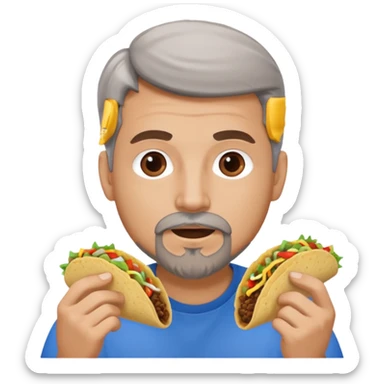 White man, blue eyes, brown gray hair, gray goatee, eating a taco sticker