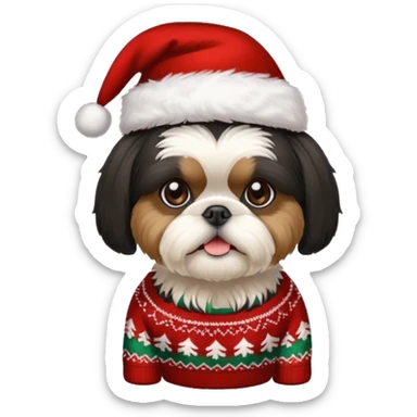 ALL BLACK FACE AND BODY SHIH TZU WITH CHRISTMAS SWEATER AND HAT sticker