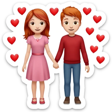 A red-haired girl holding hands with a boy, both smiling at each other, in a romantic setting with hearts in the background. sticker