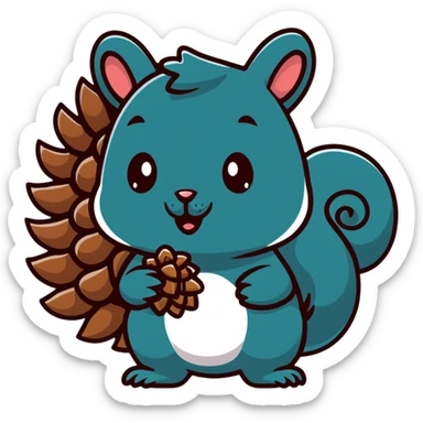 A greedy little squirrel with a big pine cone on top of its head, showing a strange facial expression, wide eyes sticker