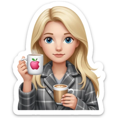 girl
blue eyes
long blond hair
wearing grey plaid housecoat
holding a white mug of coffee
wearing rose gold apple watch  sticker