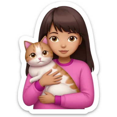 beautiful woman with dark brown straight hair and bangs, brown eyes wear a pink clothes and hugs a cute chubby cat sticker