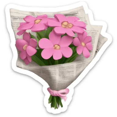 A bouquet of pink flowers wrapped in newspaper sticker