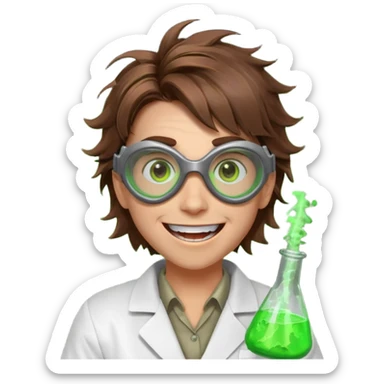 mad nuclear scientist portrait, head and shoulders only, messy hair, cracked goggles, glowing radioactive green light, excited crazy smile, 3D cartoon, mobile game icon style, clean background, no text, no watermark
 sticker