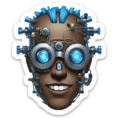 Brown cyborg head with blue Mohawk, blue beard, silver steampunk monocle goggles a smile and circuits sticker