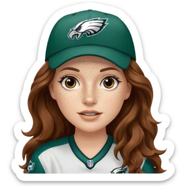 White girl with long brown wavy hair and freckles wearring a Philadelphia eagles jersey and hat sticker