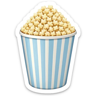 Popcorn in a pale blue popcorn bucket with stripes sticker