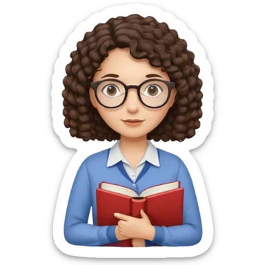 female English teacher with glasses and wearing a shirt, holding an English book. I have dark brown a little curly hair. My glasses are rather round than square shape. sticker