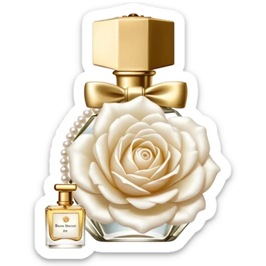 white English rose Benjamin Britten ( flower ) and pearl bow and vintage gold perfume bottle  sticker