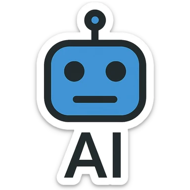 AI icon, robot face, blue and black color scheme, minimalistic style sticker
