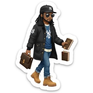 African American man with shoulder length black dreadlocks and black sunglasses wearing a black New York Yankees baseball hat wearing a black bubble winter coat with denim skinny jeans and timberland boots waking with a bible in hand sticker