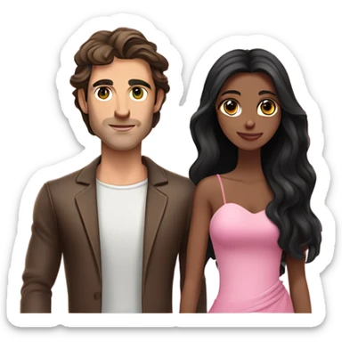 A handsome pale Greek god man who has long brown hair and tanned skin with a pretty black skinny tall model woman who has long black hair and she is wearing a pink dress and they are a couple sticker
