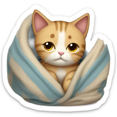 tired cute cat with blanket wrapped around no body  sticker