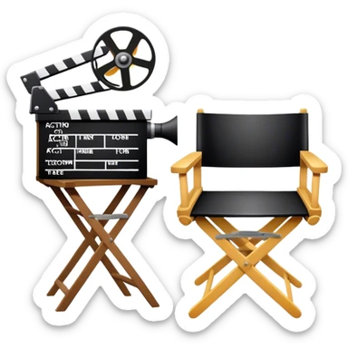 Icon for Acting: a theatrical mask, stage lights, a director’s chair, a script, a movie camera and a clapperboard, representing the craft of acting in theater and film. Famous actor-star. The design should reflect creativity, performance, and storytelling. Transparent background. sticker
