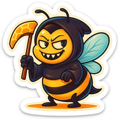 Give this mischievous cartoon bee grim reaper a honeycomb-shaped scythe instead of the regular one in retro stickers style. sticker