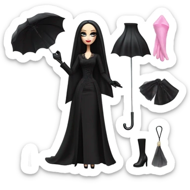 Funeral Barbie,teen Morticia Addams ,drying tears with handkerchief, show full body,accessories  gloves, funeral veil, holding umbrella  sticker