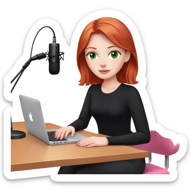 Redhead with green eyes sat at desk with pink MacBook and  podcast microphone black top and pink chair  sticker