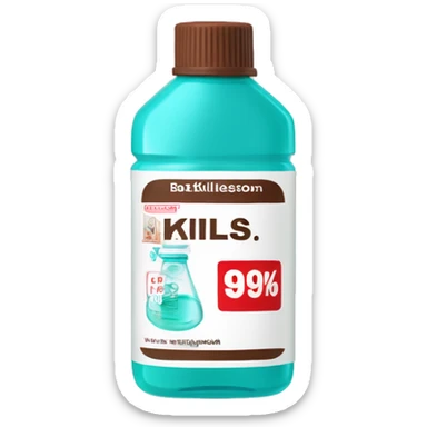 Turquoise Mouthwash bottle with white stickers and brown cap . the white stickers have small red letters that say kills 99% of batería  sticker