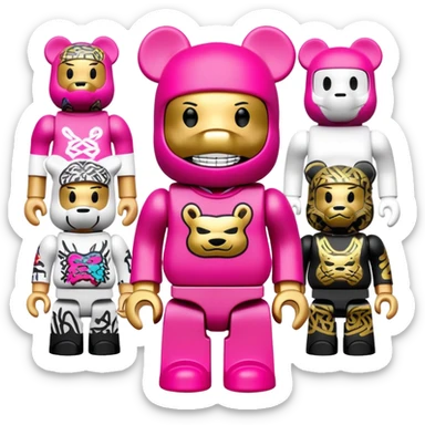 bearbrick toy figure wearing a bright pink balaclava with big pouty lips and gold grillz teeth visible, decorated with luxury brand logos and graffiti style patterns, striking a cool hip-hop pose with arms crossed confidently sticker