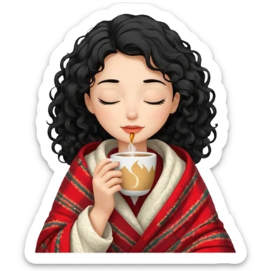 Gözleri kapalı, beyaz tenli ve dalgalı-kıvırcık siyah saçlı saç boyu orta omuzlarının biraz aşağısında bir kadın avatar, battaniyeye sarılmış halde beyaz bir Türk kahvesi fincanından içeceğini huzurla yudumluyor. sticker