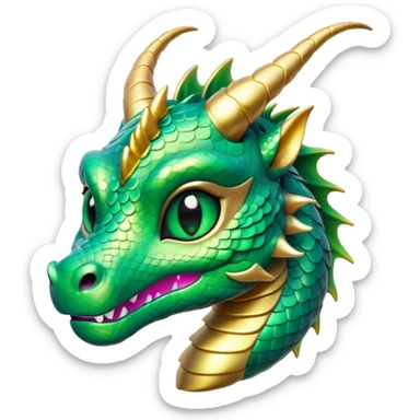 Cinematic Cute Dragon Portrait Emoji, Head tilted playfully and inquisitively, featuring a sleek, serpentine form adorned with iridescent scales that shift between emerald and gold, a delicate set of subtle horns, and round, sparkling eyes full of curious magic; rendered with realistic detail and warm natural light, high shine, affectionate and enchanting, styled with a touch of whimsical fantasy, soft glowing outline, capturing the essence of a mischievous yet lovable dragon that seems poised to slither playfully into your arms! sticker