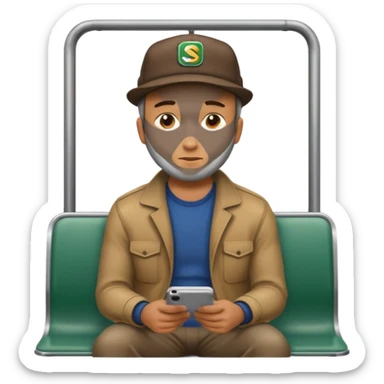 Man sitting on a subway seat, side view, passenger sticker