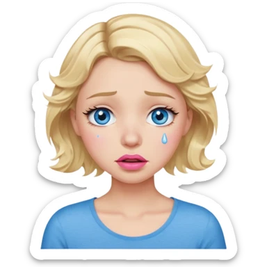Girl Blonde short wavy hair,  blue eyes, cute blue top, long lashes, pink lips,crying with tears running down the face  sticker