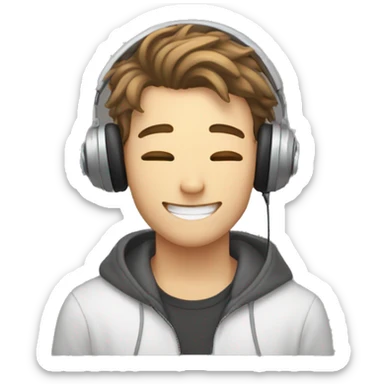 white 20yo guy, wearing a headphone, having a brown curtain mullet hair, cutely smiling with closed eyes and holding a heart in his hands sticker