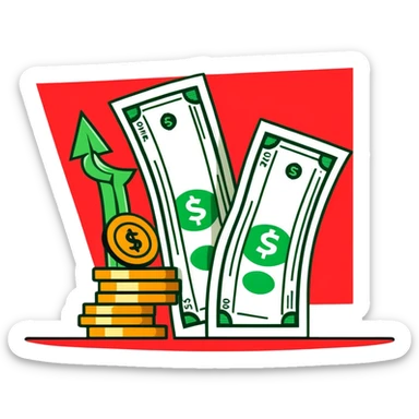 upward green arrow next to a tall growing stack of dollar bills and coins sticker