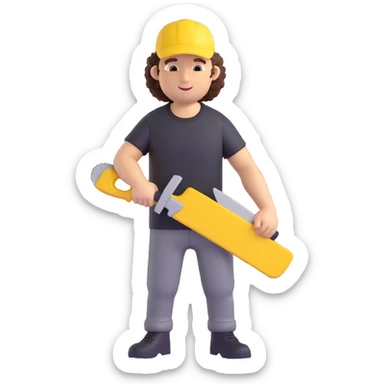 create a character with a saw, cute guy, curly, in a black t-shirt and a yellow cap, in 3d sticker