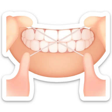Macro close-up of a front teeth, floss stretched between hands, bright white teeth, natural lighting, shallow depth of field, dental hygiene concept, ultra realistic, sharp focus. sticker