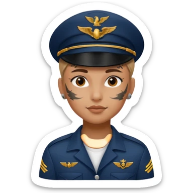 Young, wearing pilot uniform include hat, full tattoo on face sticker