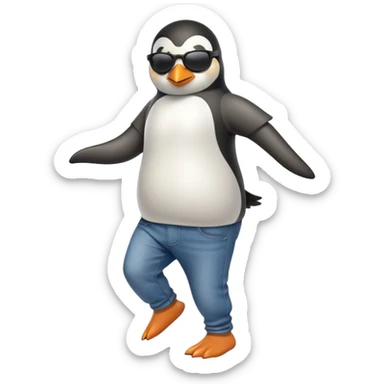 friendly anthropomorphised penguin in jeans and a t-shirt, wearing dark sunglasses, jogging upright, standard pose sticker