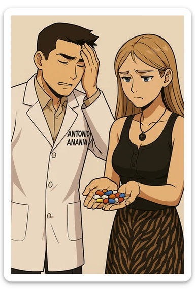 fai un webtoon/manga a colori con questo kinesiologo in camice bianco (fagli la scritta "ANTONIO ANANIA" SUL CAMICE) CHE PARLA CON QUESTA RAGAZZA CON GLI OCCHI AZZURRI. LA RAGAZZA HA UN PUGNO DI INTEGRATORI IN MANO (TANTE PILLOLE DIVERSE) E LE GUARDA DUBBIOSA. IL KINESIOLOGO CON IL CAMICE BIANCO SI TIENE UNA MANO SULLA FRONTE SCONFORTATO MENTRE LE DICE CHE STA SBAGLIANDO A PRENDERE TUTTI QUEGLI INTEGRATORI. NON FARE I FUMETTI, FAI SOLO LORO COME SE DIALOGASSERO sticker