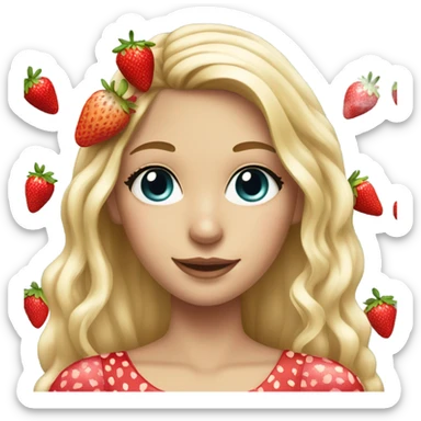 a beautiful girl, long blonde hair with strawberry in her hair, white skin, strawberry dress sticker