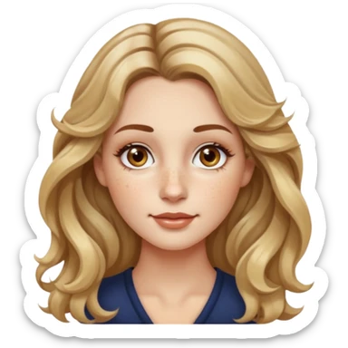 creative women with long dark Blond with highlights wavy hair white women, oval shape face hazel eyes long lashes freckles on the nose high cheek bones sticker