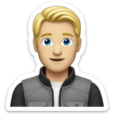 A blond man with blue-gray eyes is wearing a gray jacket and a black vest sticker